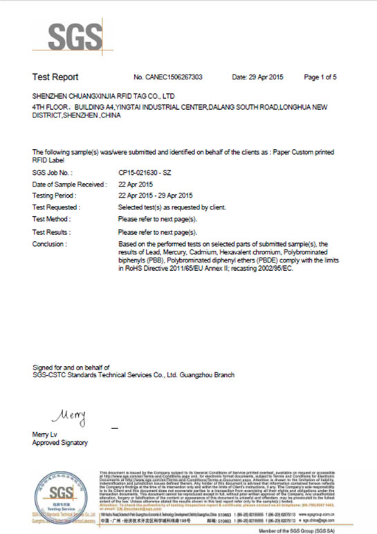 SGS Testing Report of RFID Wristband Tag