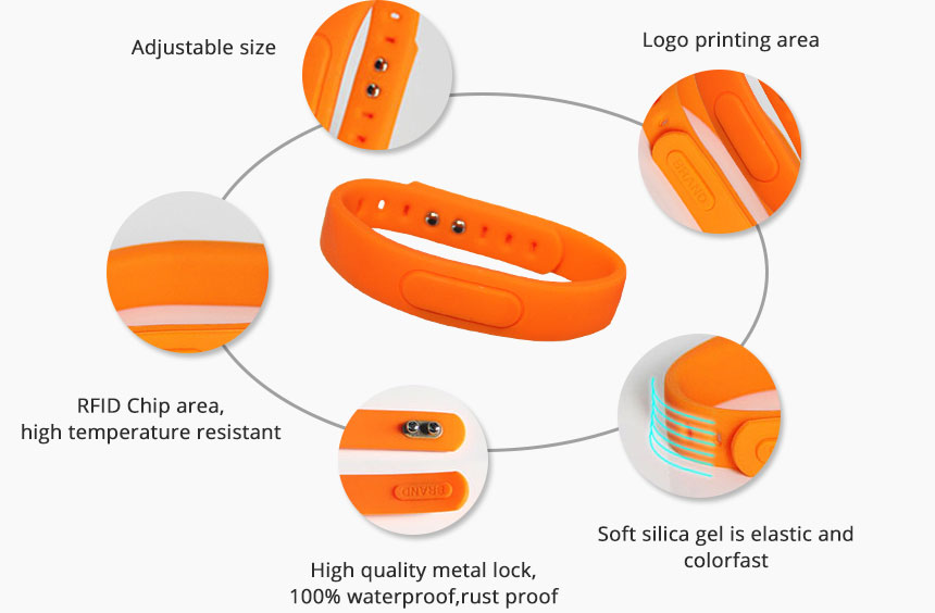 Adjustable Orange Silicone Bracelets UHF Wristband Tag Details RS-AW055
