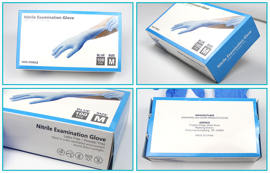 Box packaging display of nitrile examination gloves