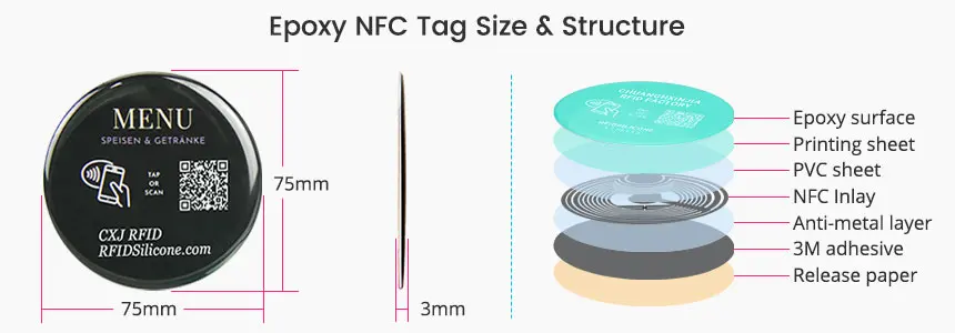 Size of Dia 75mm Epoxy Menu NFC QR Tag RS-NM007