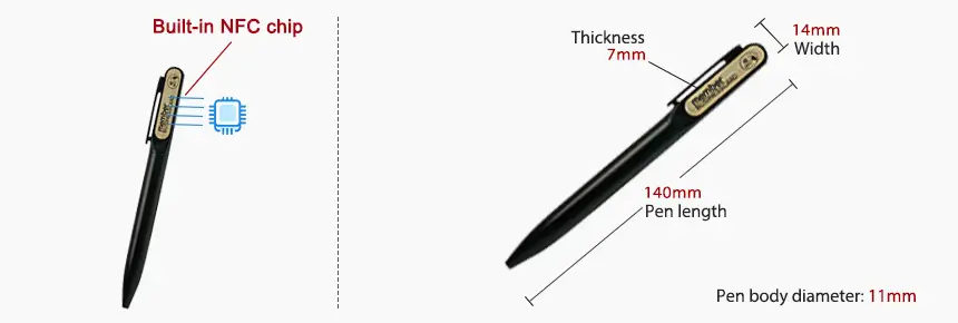 Size & design of RFIDSilicone NFC Pen Smart NTAG213 Chip Aluminum Ballpoint Pen RS-NP001
