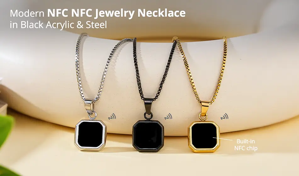 CXJ Modern NFC Jewelry Necklace in Black Acrylic & Steel