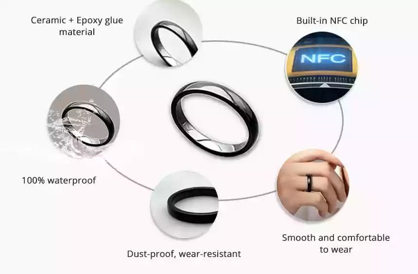 Ceramic + Epoxy glue material. Built-in NFC chip. 100% waterproof. Smooth and comfortable to wear.Dust-proof, wear-resistant. Ceramic + Epoxy glue material. Built-in NFC chip. 100% waterproof. Smooth and comfortable to wear.Dust-proof, wear-resistant.